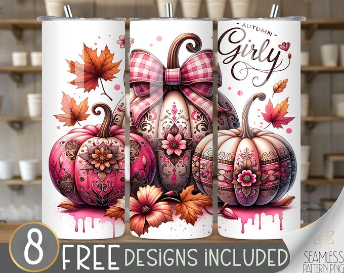 Autumn girly tumbler wrap, Cute pumpkin tumbler wrap, autumn pumpkin 20 oz tumbler design, Coquette tumbler PNG, Girly fall tumbler file