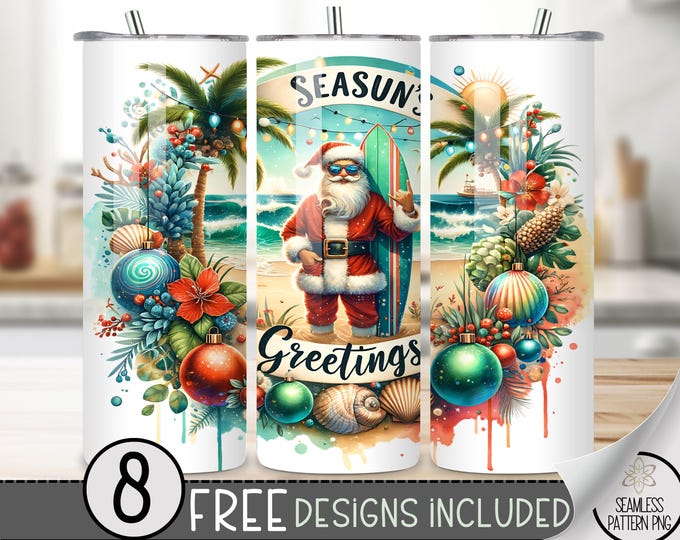 Christmas Tumbler Wrap 20Oz, Xmas Beach Tumbler PNG, Holiday Santa Seamless Sublimation Design, Xmas Ornament Seasun Greeting Tumbler Wrap