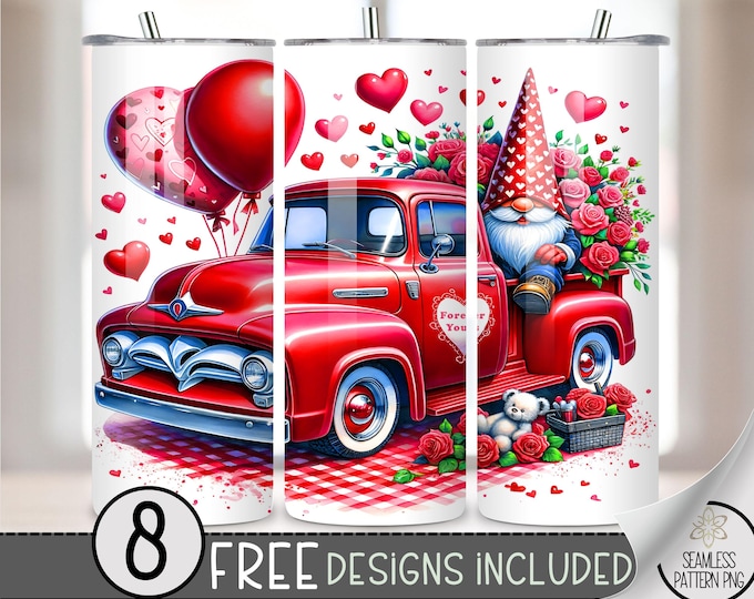 Vintage Truck Gnome Tumbler Wrap, valentine's Day 20oz Skinny Tumbler Sublimation Design, Cute Vday Tumbler Wrap File, PNG, Teddy Bear Roses