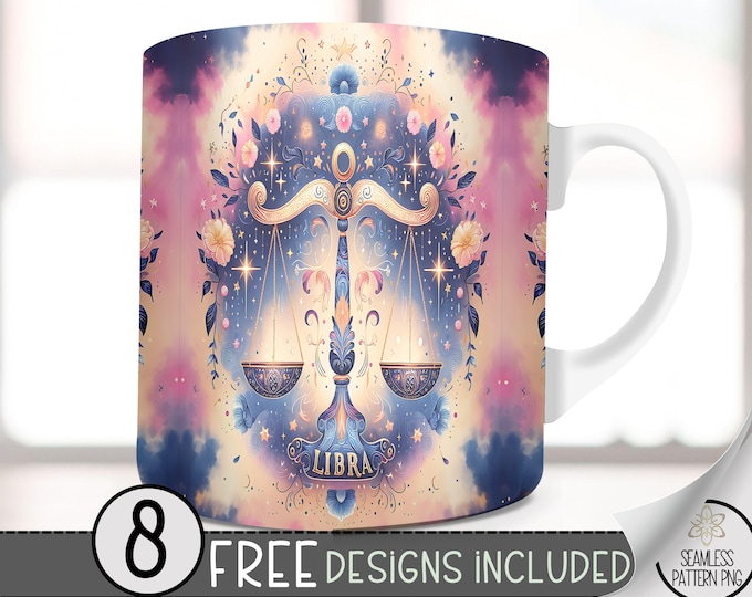 Libra 11Oz Mug Template, Coffee Mug Png, 11 Oz Mug Wrap, Zodiac Mug, Astrology Mug Sublimation Designs, Seamless Zodiac Sign, Tie Dye Png