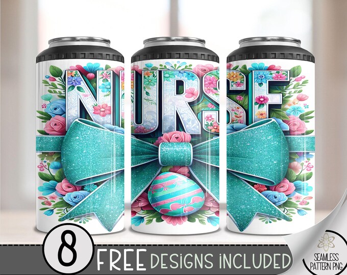 Coquette Nurse 4 in 1 Can Cooler Wrap, Unique Easter 4in1 Tumbler PNG, Easter RN 16 Oz Can Cooler, Nurse Life Sublimation,Easter Egg Bow A32