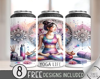 Yoga Life Gym 4in1 Can Cooler Wrap, Fitness Sublimation Design, Meditation 16 Oz PNG, Floral Boho 4 in 1 Tumbler Png, Mandala 16 Oz Can PNG
