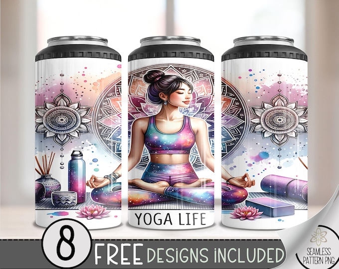 Yoga Life Gym 4in1 Can Cooler Wrap, Fitness Sublimation Design, Meditation 16 Oz PNG, Floral Boho 4 in 1 Tumbler Png, Mandala 16 Oz Can PNG