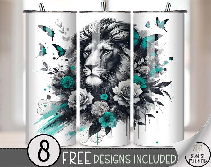 Lion Head 20 oz Tumbler Wrap, Moody Sublimation Design for Straight Tumblers, Bold PNG Files, Teal Accents, B10102