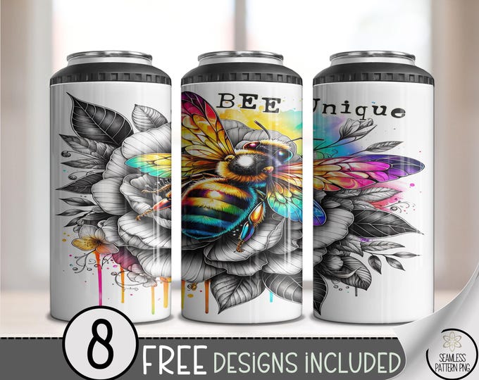 Bee Positive Affirmation 4 in 1 Can Cooler Wrap, Floral Bee Unique Quote, 16 oz Cute Rainbow Sublimation Design, A652