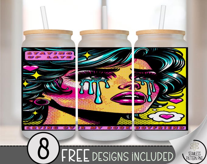 Staying Up Late Pop-Art Woman Glass Can Wrap Design, Retro Comic-Book Aesthetic PNG File, B864