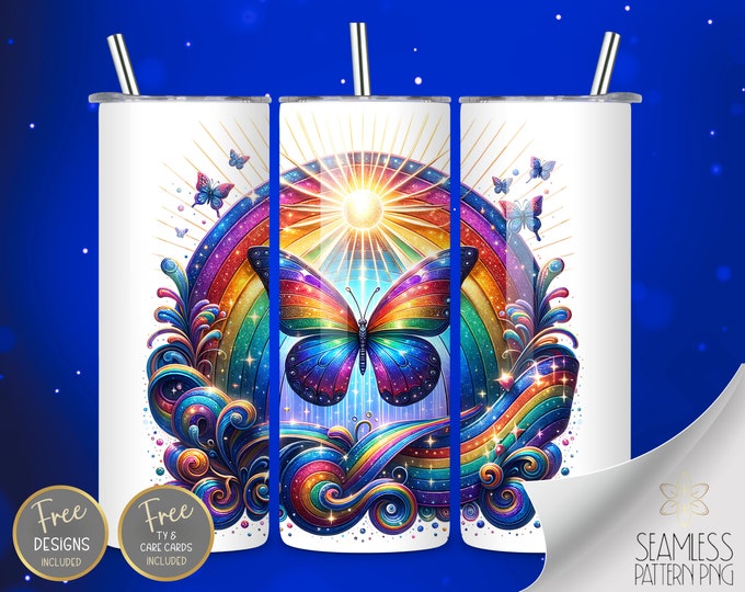 Butterfly Rainbow Watercolor Tumbler Wrap, 20 oz Skinny Sublimation Wrap, Vibrant  Wrap, Glitter Straight Template, Instant Download PNG