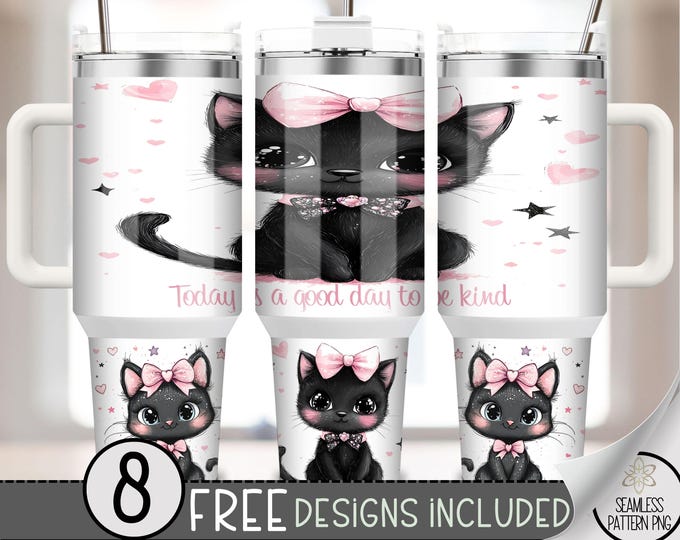 Black Cat 40 oz Tumbler Wrap PNG, Cute Kawaii Kitty Sublimation Design, Be Kind Quote, Pastel Preppy Cat Cup Wrap for 40oz Tumblers, A237