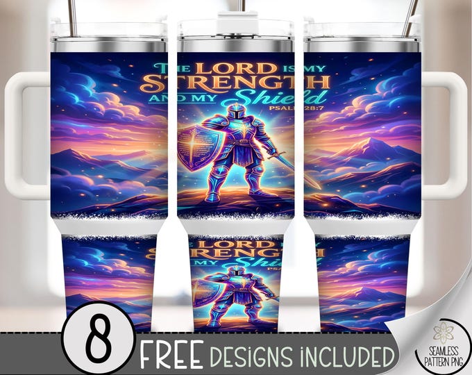 Heroic Knight 40 oz Tumbler Wrap, Armored Shield Sublimation Design, Christian Faith PNG File, Vibrant Sunrise 40oz Tumbler Design, B10131