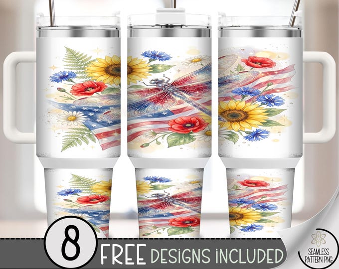 Dragonfly 40 oz Tumbler Wrap, Patriotic Sublimation Design, Watercolor Floral PNG Files, Americana 40oz Tumbler Design, Tumbler Wrap B10115