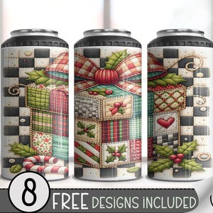 May include: Three insulated can coolers with a Christmas gift box design. The gifts are decorated with holly, ribbons, and patchwork patterns. The background features a black and white checkered pattern. The text "8 FREE DESIGNS INCLUDED" is at the bottom.