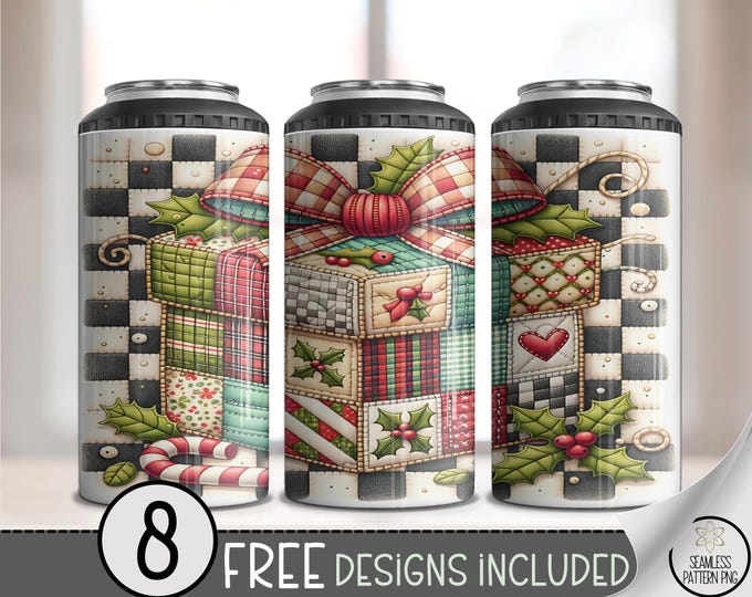 Rustic Christmas Gift Can Cooler Wrap, Festive Patchwork Design, Vintage Gift Box Sublimation Wrap, 16 oz Xmas 4in1 Can Cooler Wrap, A465