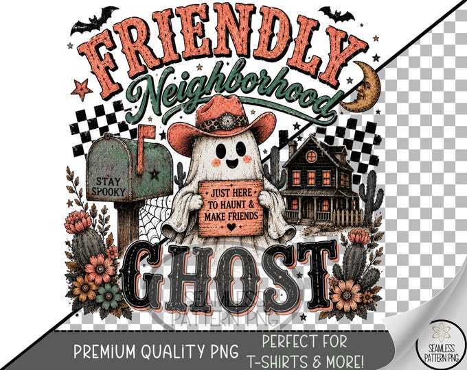 Halloween Sublimation Design, Friendly Ghost UV DTF Graphic, Western Clip Art, Digital Download, B10383