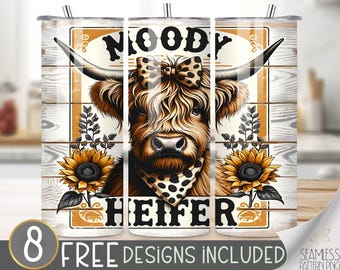 Cute Highland Cow Tumbler Wrap, Moody Heifer 20Oz Skinny Tumbler Wrap PNG, Funny Highland Cow Tumbler Sublimation Design, Rustic Sunflower