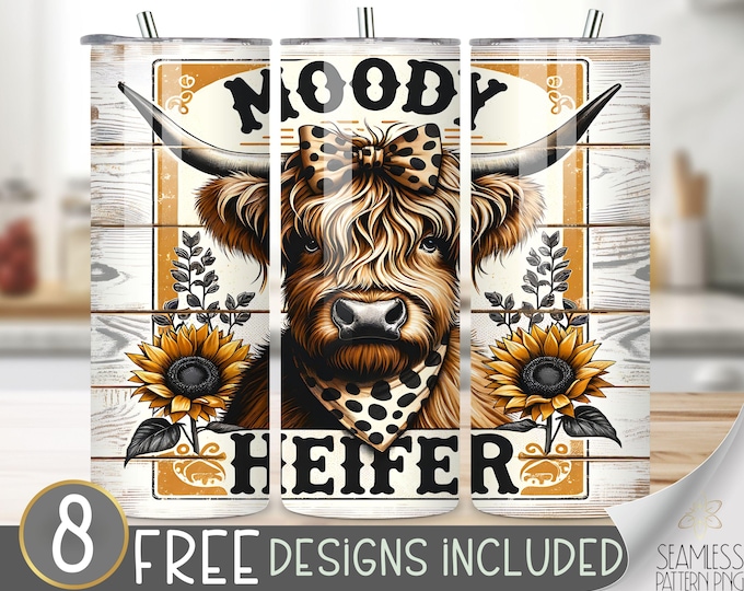 Cute Highland Cow Tumbler Wrap, Moody Heifer 20Oz Skinny Tumbler Wrap PNG, Funny Highland Cow Tumbler Sublimation Design, Rustic Sunflower