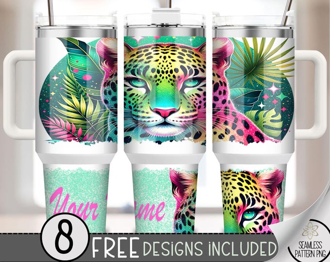 Add Your Name 40oz Tumbler Wrap, Leopard Tumbler Sublimation Design, Cheeta 40oz Quencher Tumbler Wrap PNG, Personalize Tropical Wrap A111
