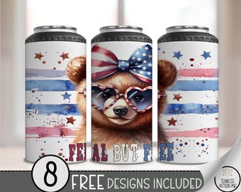Feral But Free 4-in-1 Can Cooler Wrap PNG, Cute Patriotic Bear Sublimation Design, USA Animal Print Can Holder Design,Fun Fourth Design A258