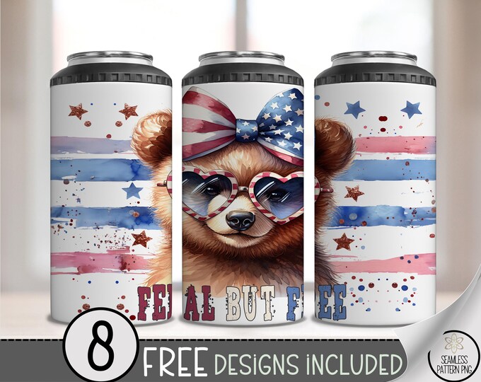 Feral But Free 4-in-1 Can Cooler Wrap PNG, Cute Patriotic Bear Sublimation Design, USA Animal Print Can Holder Design,Fun Fourth Design A258