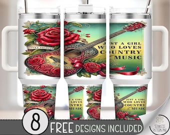 Just a Girl Country Music 40 oz Tumbler Wrap PNG,Honky Tonking Guitar & Rose Western Sublimation File,Boot Stompin Cowgirl Music Design A286