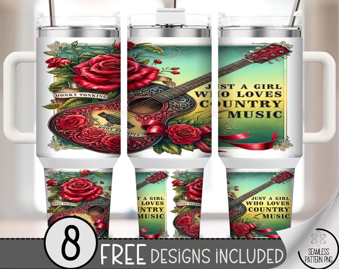 Just a Girl Country Music 40 oz Tumbler Wrap PNG,Honky Tonking Guitar & Rose Western Sublimation File,Boot Stompin Cowgirl Music Design A286