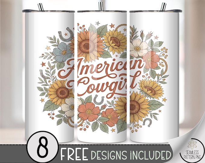 American Cowgirl PNG, Country Western Floral 20 oz Tumbler Wrap, Cottagecore Sublimation Design, Sunflowers Digital Download, B10057