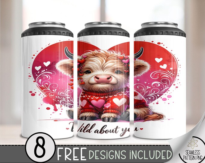 Highland Cow Valentine 4in1 Can Cooler Wrap, Winter Sublimation Design, Vday 16 Oz Slim, Cute 4 in 1 Tumbler PNG,Valentines 16 Oz Can Cooler