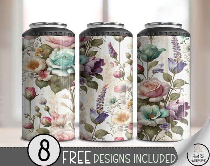 Victorian Flowers PNG, Vintage Floral 4-in-1 Can Cooler, Watercolor Flowers, Antique Flower Design, Digital Download, B991