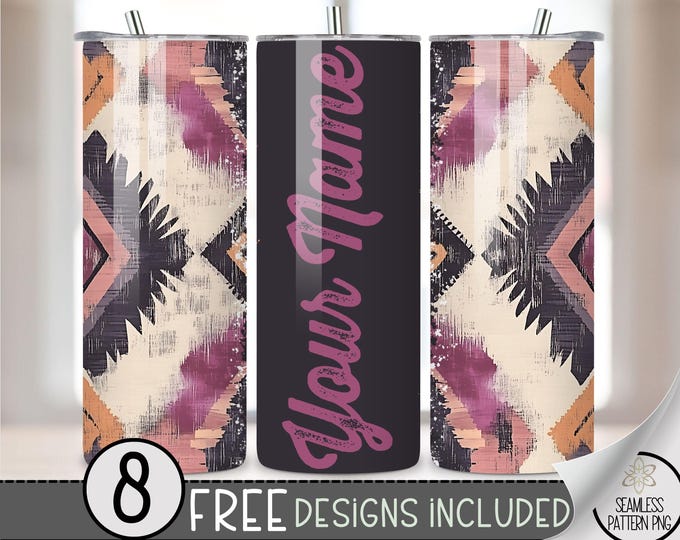 Add Your Name Tumbler Wrap, Faded Southwestern 20 oz Aged Western Tumbler File, Digital Aztec Tumbler Wrap Design Download, Boho Cowgirl