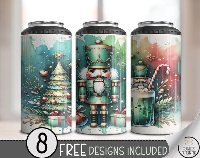 Nutcracker 4in1 Can Cooler Wrap, Christmas Tree Sublimation Design, Christmas Greenery and Candy Cane Digital Print A546