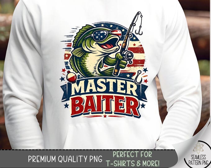 Master Baiter PNG, Fishing Grinning Bass Sublimation Design for T-Shirt, Digital Download, B10033