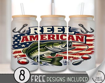 Reel American PNG, Patriotic Bass Glass Can Wrap, Vintage Fishing Tumbler Sublimation Design, B10041