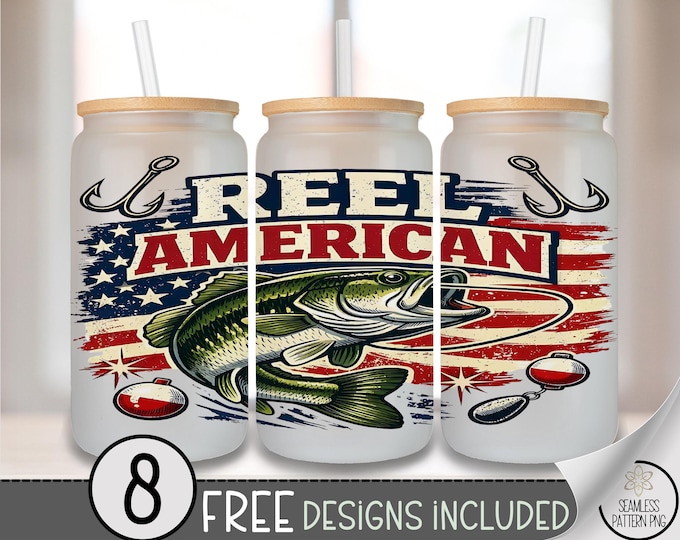 Reel American PNG, Patriotic Bass Glass Can Wrap, Vintage Fishing Tumbler Sublimation Design, B10041