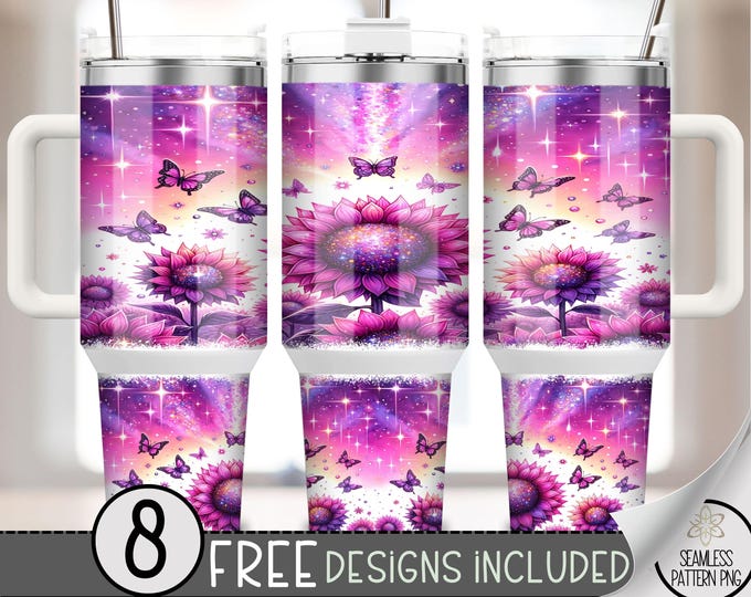 Sparkly Sunflower 40oz Tumbler Wrap, Neon Floral Tumbler Sublimation Design, Seamless Glitter Sunflowers 40oz Quencher Tumbler Wrap PNG, A8
