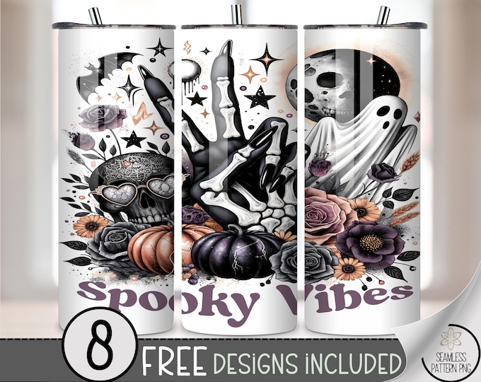 20oz Spooky Vibes Tumbler Wrap, Skeleton Hand Ghost Floral PNG, Gothic Halloween Sublimation, Dark Skull Skinny Wrap Design, A374