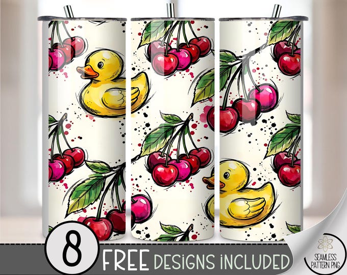 Cherry Duck PNG, 20 oz Tumbler Wrap, Playful Summer Pattern, Digital Download, B941