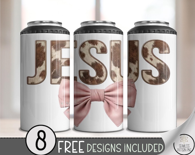 Jesus 4-in-1 Can Cooler Wrap, Cowhide Pattern Sublimation Design, Farmhouse Religious 16 oz 4-in-1 File, 4In1 Can Cooler PNG, B10028