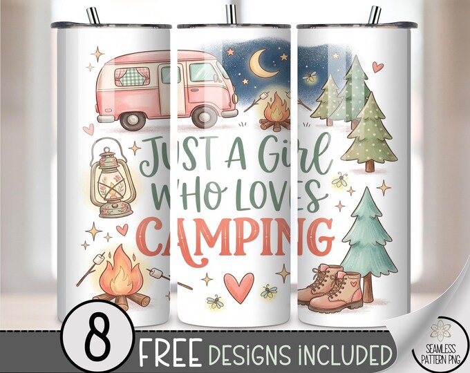 Just a Girl Who Loves Camping 20 oz Tumbler Wrap, Cozy Sublimation Design for Straight Tumblers PNG File, Feminine Outdoor, B10124