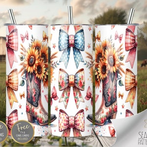 Kroket strik zonnebloem 20oz magere beker wrap, sublimatie ontwerp, digitale download png, Americana beker wrap png, cowgirl boot beker