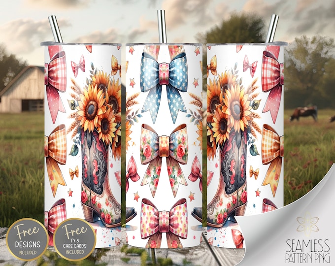 Croquette Bow Sunflower 20oz Skinny Tumbler Wrap, Sublimation Design, Digital Download PNG, Americana Tumbler Wrap PNG, Cowgirl Boot Tumbler