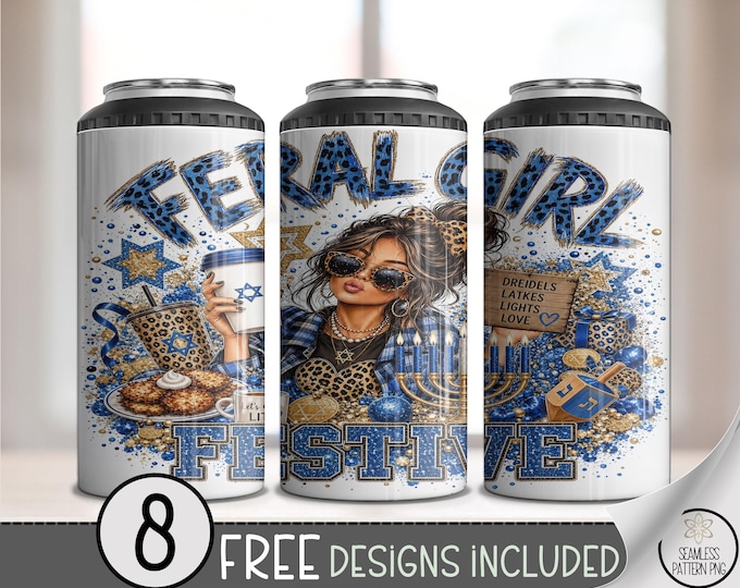 Hanukkah 4in1 Can Cooler Wrap, Feral Girl Festive Sublimation Design , Digital Download,  B10443