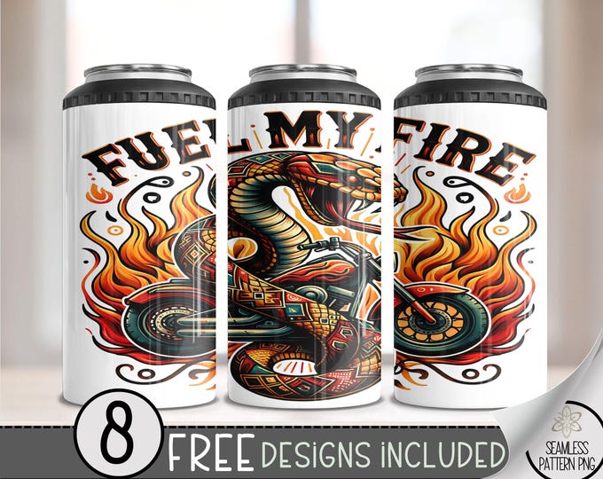 Motorcycle Can Cooler Wrap, Flaming Snake 16 oz 4-in-1 Cooler Sublimation, Biker Design File, Fuel My Fire Can Cooler PNG Wrap