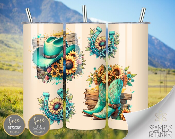 Cowboy Boots PNG Tumbler Wrap, Western Sunflower Seamless Design, 20 Oz Skinny Sublimation Tumbler Design, Teal Cowboy Hat Horseshoe PNG