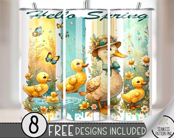 Hello Spring Tumbler Wrap, Cute Duck 20oz Skinny Tumbler Sublimation Design, Floral Straight Tumbler Wrap File PNG, Spring Flowers PNG, A161