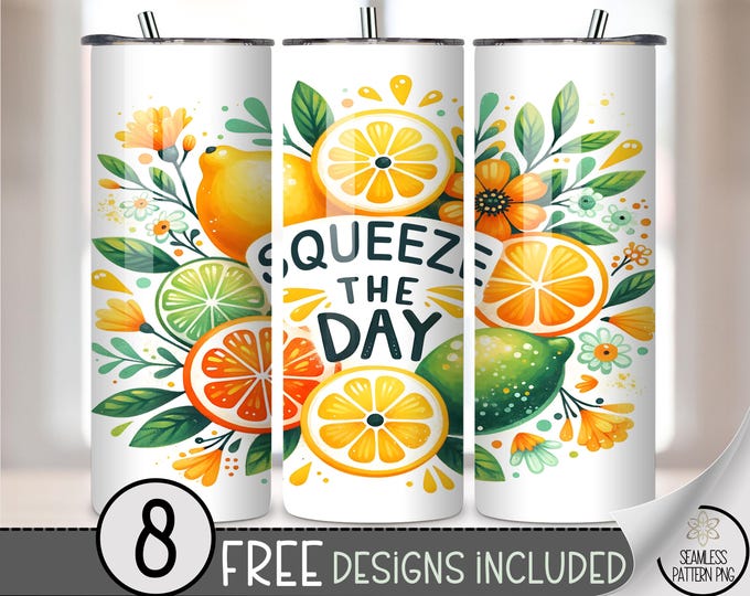 Squeeze the Day 20 oz Tumbler Wrap PNG, Citrus Fruit Summer Sublimation Design, Bright Floral Lemon Lime Orange Wrap PNG, A391