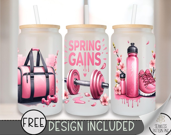 Fitness Glass Wrap, Exercise 16 Oz Glass Can Wrap PNG, Motivational Gym Glass Can Sublimation Design, Spring Workout Libbey Glass PNG, A165
