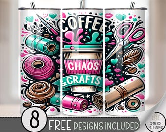 Coffee Chaos & Crafts Tumbler Wrap PNG, 20oz Craft Lover Sublimation Design, Cupcakes and Vinyl Roll Clipart, Bright and Fun Wrap, A320