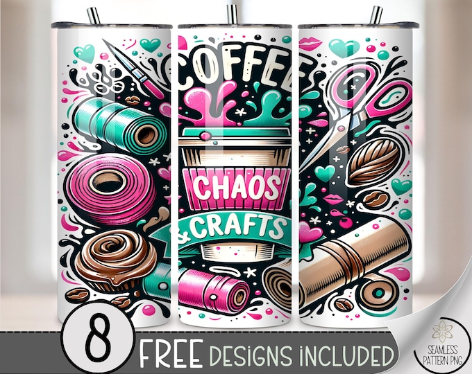 Coffee Chaos & Crafts Tumbler Wrap PNG, 20oz Craft Lover Sublimation Design, Cupcakes and Vinyl Roll Clipart, Bright and Fun Wrap, A320