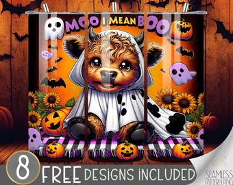 Halloween Highland Cow Tumbler File, Cute Ghost 20Oz Skinny Tumbler Wrap PNG, Cute Highland Cow Tumbler Sublimation Design, Scary Cute Cow