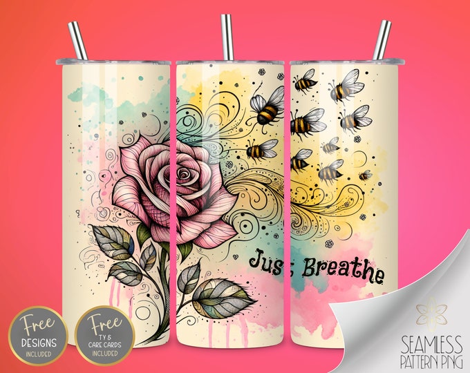 Zentangle PNG Tumbler Wrap, 20 Oz Skinny Sublimation Tumbler Design, Watercolor Rose Seamless Design, Just Breathe Bees Instant Download