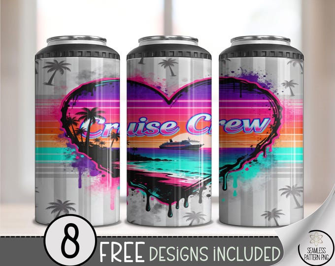 Cruise Crew PNG, 4-in-1 Can Cooler Wrap, Neon Sunset Tropical, Sublimation Design, Digital Download, B10009